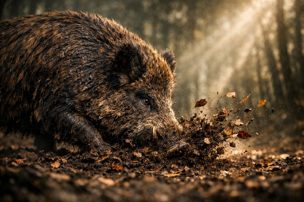 sanglier en forêt retournant la terre lors d’un boutis